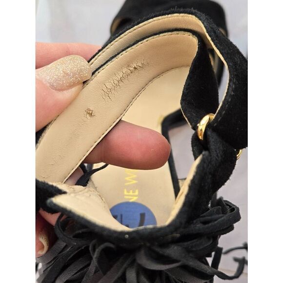 Nine West Hustle Womens Size 7.5M Black Fringe Ankle Strap Heel - Picture 3 of 8